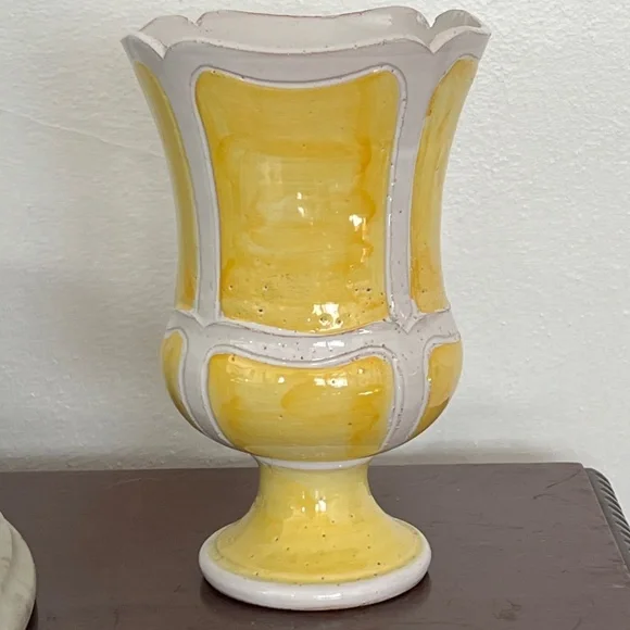 Mid Century Bitossi Era Italian Art Pottery Jardiniere Vase Yellow White Sticker
